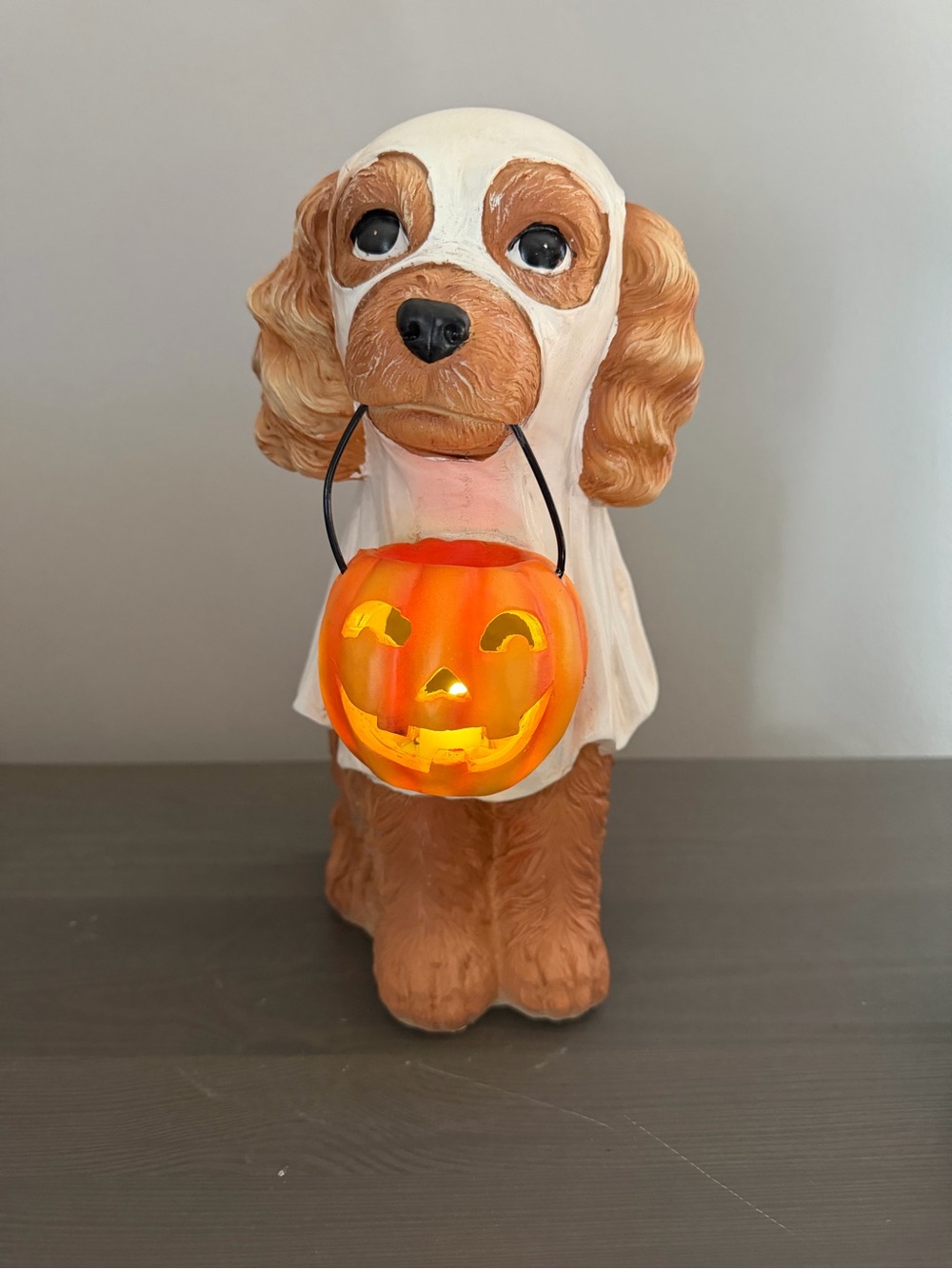 Spaniel Halloween Dog ghost Figurine with Light-Up Pumpkin